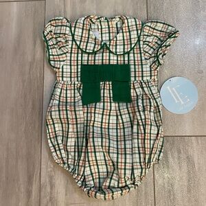 NWT Little English Marisa Mistletoe Green Tartan Plaid Bubble Romper, Girls 6M